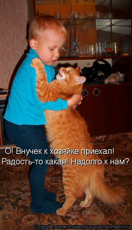 Котоматрица: О! Внучек к хозяйке приехал! Радость-то какая! Надолго к нам?
