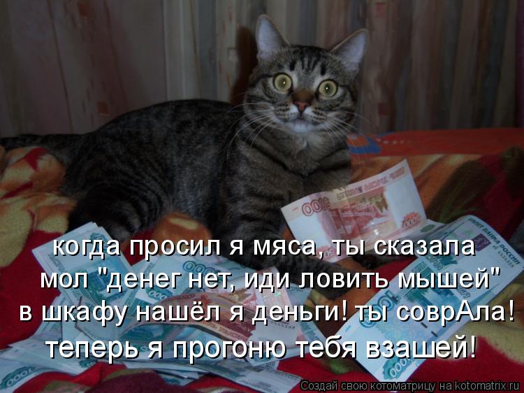 Котоматрица: когда просил я мяса, ты сказала мол "денег нет, иди ловить мышей" в шкафу нашёл я деньги! ты соврАла! теперь я прогоню тебя взашей!