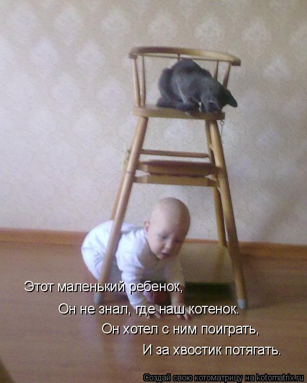 Котоматрица: Этот маленький ребенок, Он не знал, где наш котенок. Он хотел с ним поиграть, И за хвостик потягать.