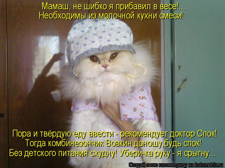 Котоматрица: Мамаш, не шибко я прибавил в весе!... Необходимы из молочной кухни смеси! Пора и твёрдую еду ввести - рекомендует доктор Спок!  Тогда комбинезо