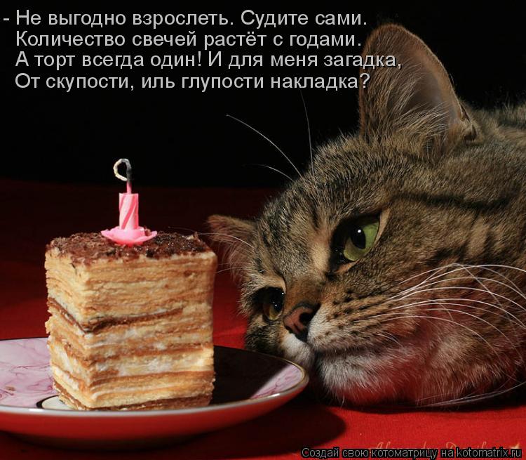 - Не выгодно взрослеть. Судите сами. Количество свечей растёт с годами. А торт всегда один! И для мен... Котоматрица: - Не выгодно взрослеть. Судите сами. Количество свечей растёт с годами. А торт всегда один! И для меня загадка, От скупости, иль глупости накл