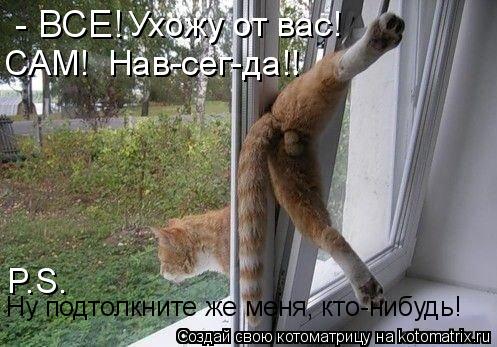 Котоматрица: - ВСЕ! САМ!  Нав-сег-да!! Ухожу от вас! P.S. Ну подтолкните же меня, кто-нибудь!