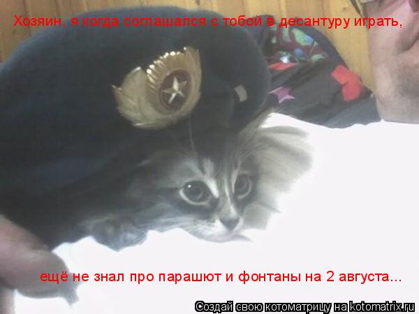 Котоматрица: ещё не знал про парашют и фонтаны на 2 августа... Хозяин, я когда соглашался с тобой в десантуру играть,