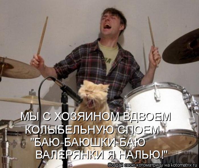 Котоматрица: МЫ С ХОЗЯИНОМ ВДВОЕМ КОЛЫБЕЛЬНУЮ СПОЕМ "БАЮ-БАЮШКИ-БАЮ ВАЛЕРЯНКИ Я НАЛЬЮ!"