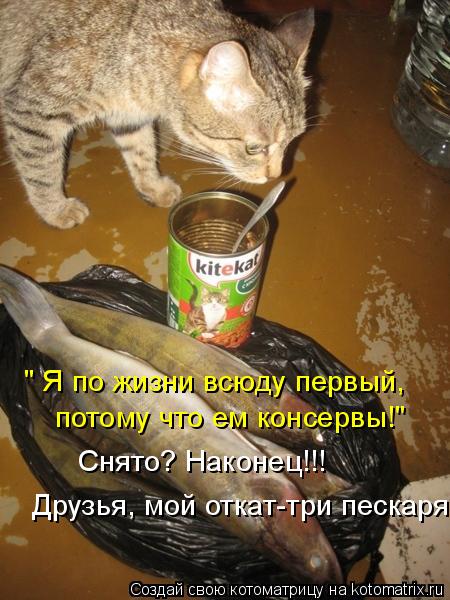 Котоматрица: " Я по жизни всюду первый,  потому что ем консервы!"  Друзья, мой откат-три пескаря! Снято? Наконец!!!