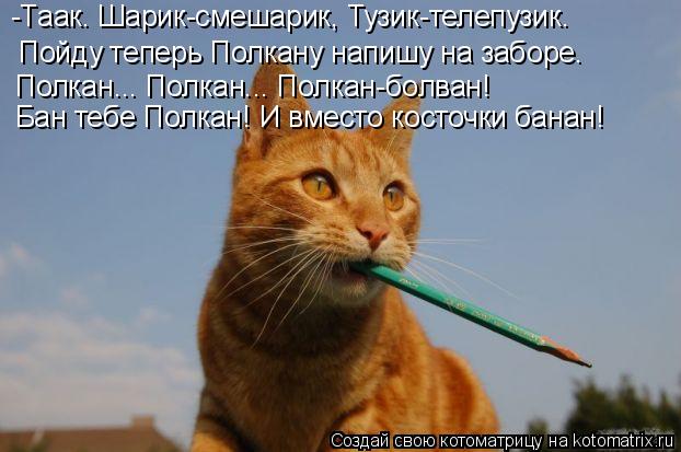 Котоматрица: -Таак. Шарик-смешарик, Тузик-телепузик. Пойду теперь Полкану напишу на заборе. Полкан... Полкан... Полкан-болван! Бан тебе Полкан! И вместо кост