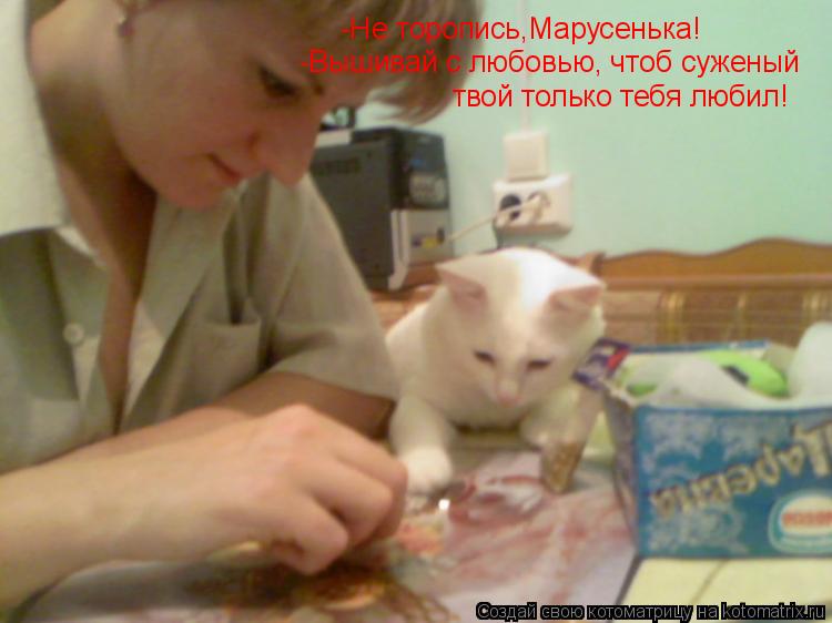 Котоматрица: -Не торопись,Марусенька! -Вышивай с любовью, чтоб суженый  твой только тебя любил!