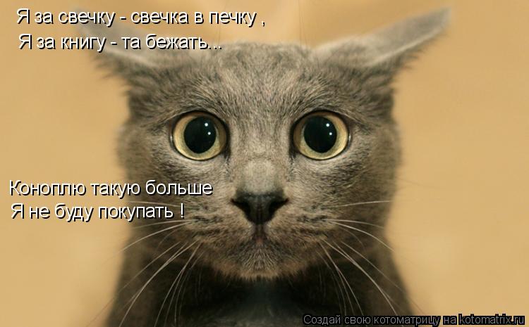 Я за свечку - свечка в печку , Я за книгу - та бежать... Коноплю такую больше Я не буду покупать !... Котоматрица: Я за свечку - свечка в печку , Я за книгу - та бежать... Коноплю такую больше Я не буду покупать !