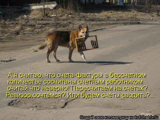 А я считаю, что счета-фактуры в бессчетном количестве сосчитаны счетным работником считай что неверно... Котоматрица: А я считаю, что счета-фактуры в бессчетном количестве сосчитаны счетным работником считай что неверно! Пересчитаем на счётах? Ревизор,сочт