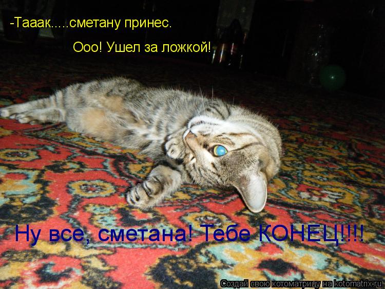 -Тааак.....сметану принес. О, ушел за ложкой! -Тааак.....сметану принес. Ооо! Ушел за ложкой! Ну все... Котоматрица: -Тааак.....сметану принес. О, ушел за ложкой! -Тааак.....сметану принес. Ооо! Ушел за ложкой! Ну все, сметана! Тебе КОНЕЦ!!!!