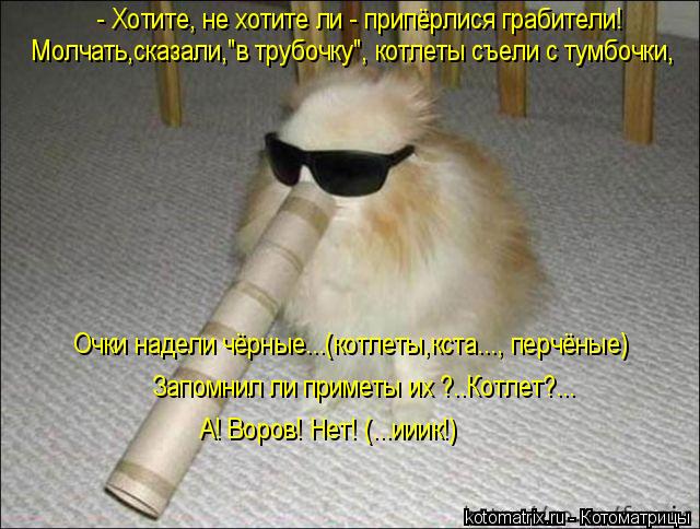 Котоматрица: - Хотите, не хотите ли - припёрлися грабители!  Молчать,сказали,"в трубочку", котлеты съели с тумбочки, Очки надели чёрные...(котлеты,кста..., пер