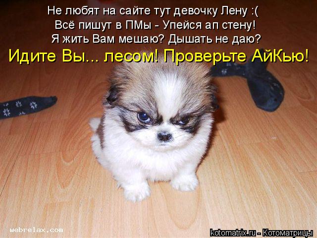Не любят на сайте тут девочку Лену :( Всё пишут в ПМы - Упейся ап стену! Я жить Вам мешаю? Дышать не ... Котоматрица: Не любят на сайте тут девочку Лену :( Всё пишут в ПМы - Упейся ап стену! Я жить Вам мешаю? Дышать не даю? Идите Вы... лесом! Проверьте АйКью!