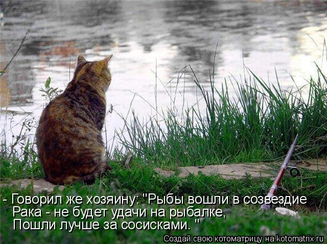 - Говорил же хозяину: "Рыбы вошли в созвездие Рака - не будет удачи на рыбалке, Пошли лучше за сосиск... Котоматрица: - Говорил же хозяину: "Рыбы вошли в созвездие Рака - не будет удачи на рыбалке, Пошли лучше за сосисками. "