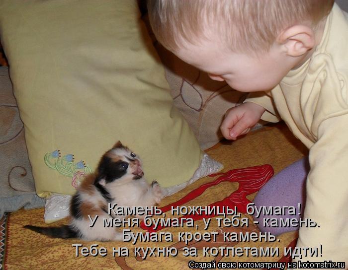 Котоматрица: Тебе на кухню за котлетами идти! Бумага кроет камень.  У меня бумага, у тебя - камень. Камень, ножницы, бумага!