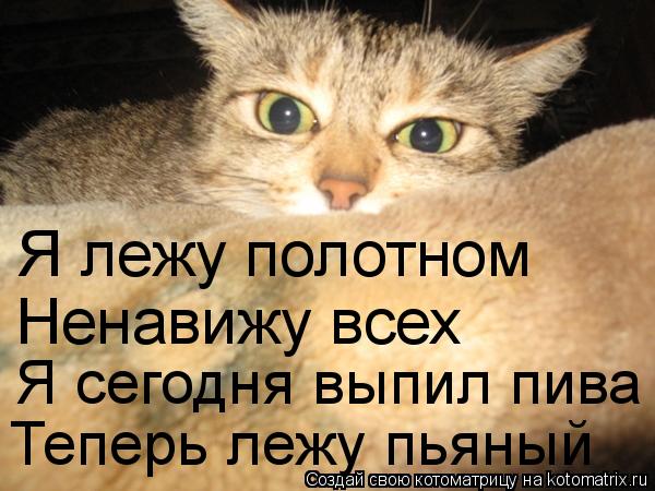 Я лежу полотном Ненавижу всех Я сегодня выпил пива Теперь лежу пьяный... Котоматрица: Я лежу полотном Ненавижу всех Я сегодня выпил пива Теперь лежу пьяный