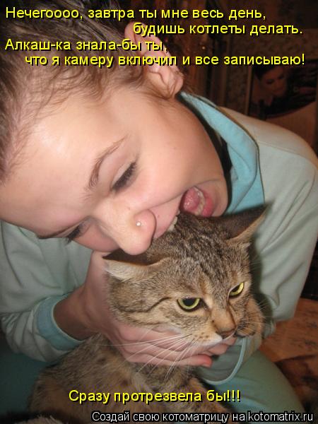Котоматрица: Нечегоооо, завтра ты мне весь день, будишь котлеты делать. Алкаш-ка знала-бы ты, что я камеру включил и все записываю! Сразу протрезвела бы!!!