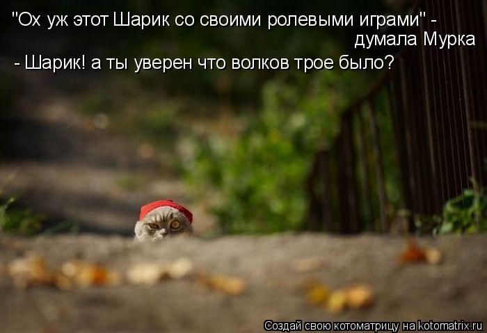"Ох уж этот Шарик со своими ролевыми играми" - думала Мурка - Шарик! а ты уверен что волков трое было... Котоматрица: "Ох уж этот Шарик со своими ролевыми играми" - думала Мурка - Шарик! а ты уверен что волков трое было?