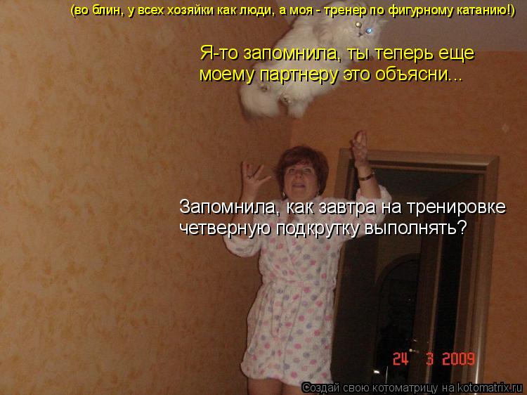 Запомнила, как завтра на тренировке четверную подкрутку выполнять? Я-то запомнила, ты теперь еще моем... Котоматрица: Запомнила, как завтра на тренировке четверную подкрутку выполнять? Я-то запомнила, ты теперь еще моему партнеру это объясни... (во блин, у все