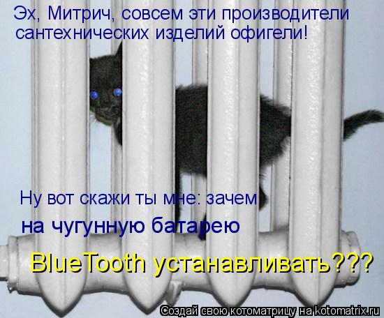 Эх, Митрич, совсем эти производители сантехнических изделий офигели! Ну вот скажи ты мне: зачем на чу... Котоматрица: Эх, Митрич, совсем эти производители сантехнических изделий офигели! Ну вот скажи ты мне: зачем на чугунную батарею BlueTooth устанавливать???