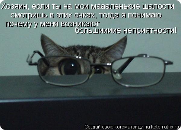 Хозяин, если ты на мои маааленькие шалости смотришь в этих очках, тогда я понимаю почему у меня возни... Котоматрица: Хозяин, если ты на мои маааленькие шалости смотришь в этих очках, тогда я понимаю почему у меня возникают большиииие неприятности!