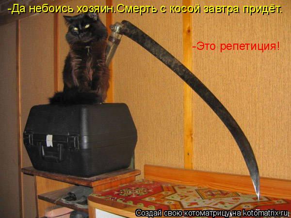 -Да небоись хозяин.Смерть с косой завтра придёт. -Это репетиция!... Котоматрица: -Да небоись хозяин.Смерть с косой завтра придёт. -Это репетиция!