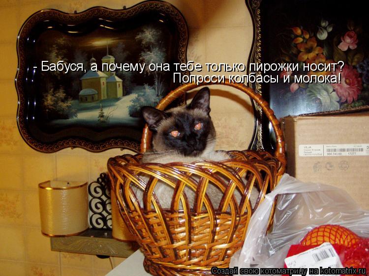 - Бабуся, а почему она тебе только пирожки носит? Попроси колбасы и молока!... Котоматрица: - Бабуся, а почему она тебе только пирожки носит? Попроси колбасы и молока!