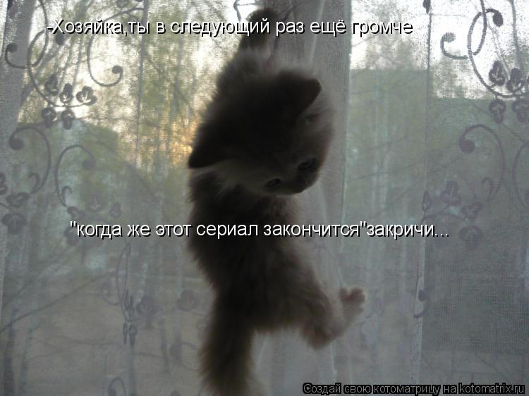 -Хозяйка,ты в следующий раз ещё громче "когда же этот сериал закончится"закричи...... Котоматрица: -Хозяйка,ты в следующий раз ещё громче "когда же этот сериал закончится"закричи...