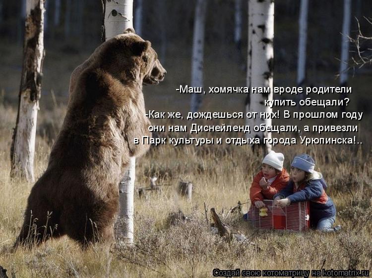 Котоматрица: -Маш, хомячка нам вроде родители  купить обещали? -Как же, дождешься от них! В прошлом году они нам Диснейленд обещали, а привезли в Парк культ