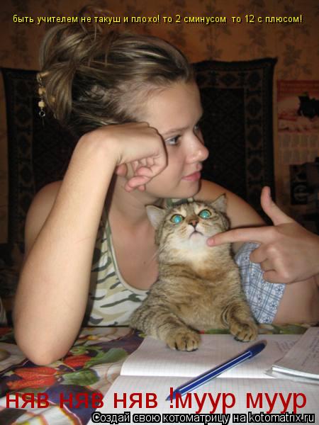 Котоматрица: быть учителем не такуш и плохо! то 2 сминусом  то 12 с плюсом! няв няв няв !муур муур