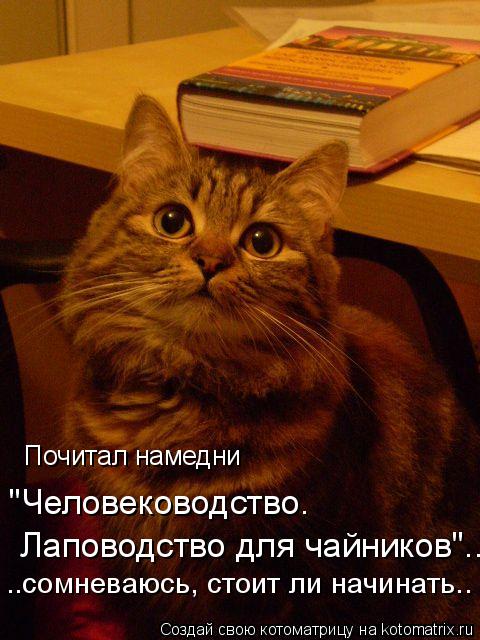 Котоматрица: ..сомневаюсь, стоит ли начинать..  Лаповодство для чайников"... "Человеководство. Почитал намедни