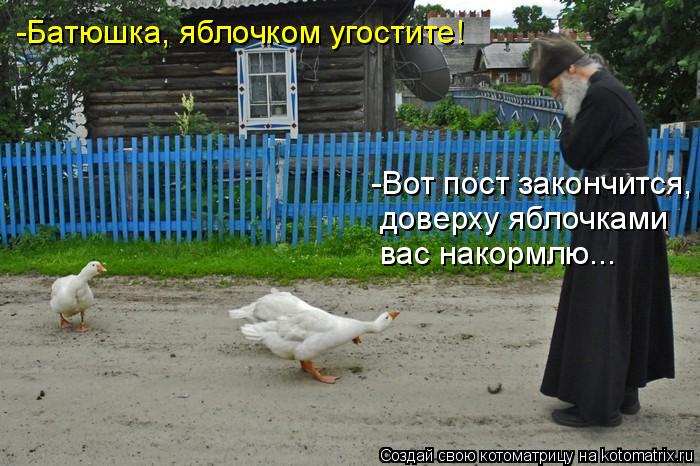 Котоматрица: -Батюшка, яблочком угостите! -Вот пост закончится,  доверху яблочками вас накормлю...