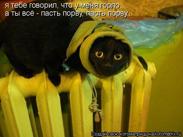Котоматрица: я тебе говорил, что у меня горло,  а ты всё - пасть порву, пасть порву...