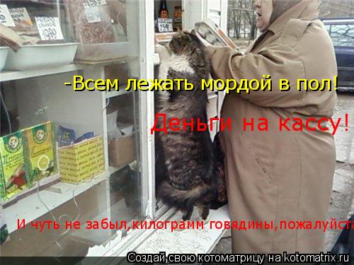 Котоматрица: -Всем лежать мордой в пол! И чуть не забыл,килограмм говядины,пожалуйста!  Деньги на кассу!