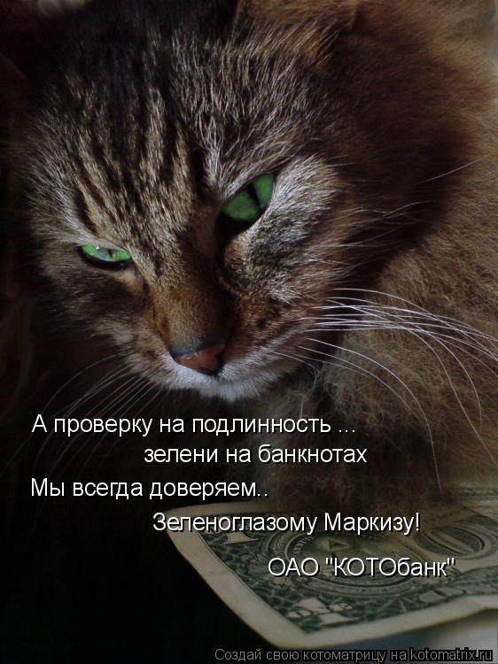 А проверку на подлинность ... зелени на банкнотах Мы всегда доверяем.. Зеленоглазому Маркизу! ОАО "КО... Котоматрица: А проверку на подлинность ... зелени на банкнотах Мы всегда доверяем.. Зеленоглазому Маркизу! ОАО "КОТОбанк"