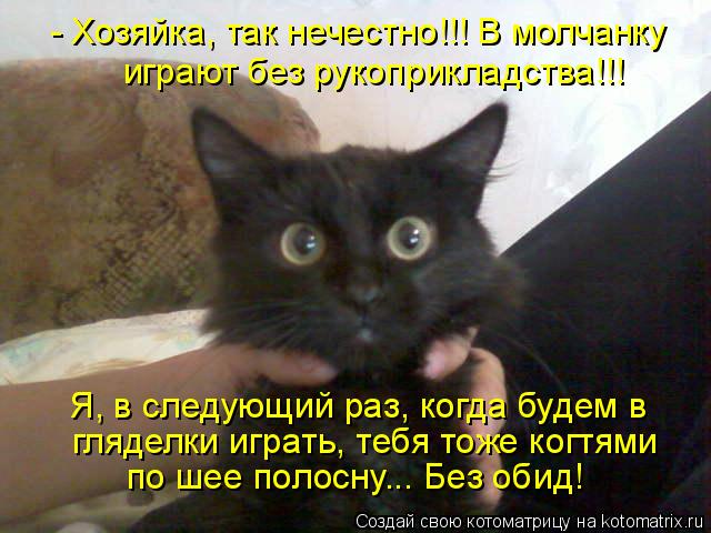 Котоматрица: - Хозяйка, так нечестно!!! В молчанку играют без рукоприкладства!!! Я, в следующий раз, когда будем в  гляделки играть, тебя тоже когтями  по шее