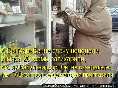 А Вы МарьВанне сдачу недодали, И мяса 20 грамм затихарили, Кто я? Бабульнадзор! Ой, не скандальте, Мы... Котоматрица: А Вы МарьВанне сдачу недодали, И мяса 20 грамм затихарили, Кто я? Бабульнадзор! Ой, не скандальте, Мы ГАВконтроль еще сегодня пригласили.