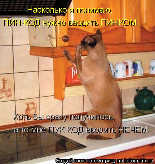 Насколько я понимаю, ПИН-КОД нужно вводить ПИНКОМ... Хоть бы сразу получилось, а то мне ПУК-КОД вводи... Котоматрица: Насколько я понимаю, ПИН-КОД нужно вводить ПИНКОМ... Хоть бы сразу получилось, а то мне ПУК-КОД вводить НЕЧЕМ.