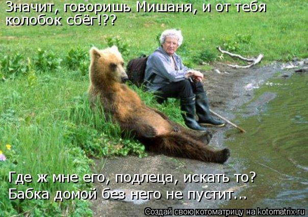 Значит, говоришь Мишаня, и от тебя колобок сбёг!?? Где ж мне его, подлеца, искать то? Бабка домой без... Котоматрица: Значит, говоришь Мишаня, и от тебя колобок сбёг!?? Где ж мне его, подлеца, искать то? Бабка домой без него не пустит...