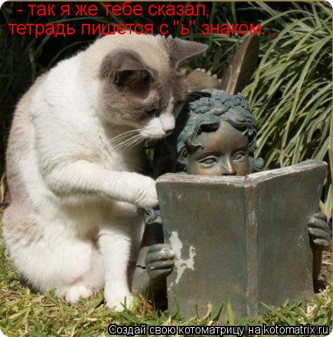- так я же тебе сказал, тетрадь пишется с "ь" знаком...... Котоматрица: - так я же тебе сказал, тетрадь пишется с "ь" знаком...