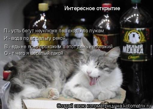Интересное открытие П - усть бегут неуклюже пешеходы по лужам И - вода по асфальту рекой, В - едь не ... Котоматрица: Интересное открытие П - усть бегут неуклюже пешеходы по лужам И - вода по асфальту рекой, В - едь не ясно прохожим в этот день непогожий О - т ч