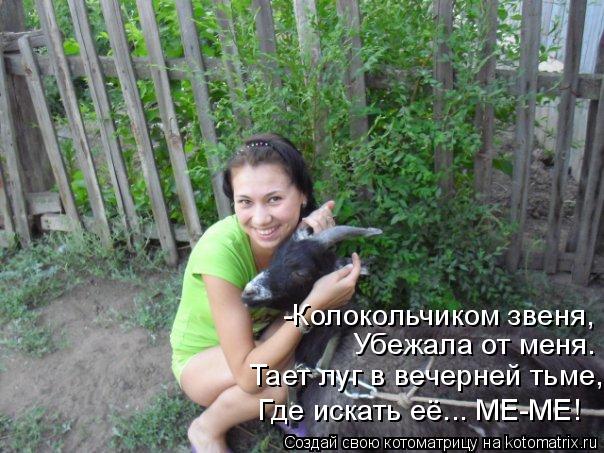 -Колокольчиком звеня, Убежала от меня. Тает луг в вечерней тьме, Где искать её... МЕ-МЕ!... Котоматрица: -Колокольчиком звеня, Убежала от меня. Тает луг в вечерней тьме, Где искать её... МЕ-МЕ!