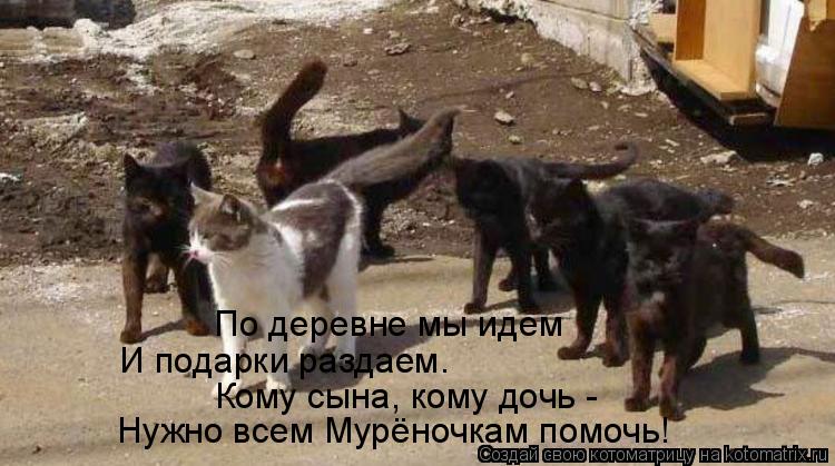 По деревне мы идем И подарки раздаем. Кому сына, кому дочь - Нужно всем Мурёночкам помочь!... Котоматрица: По деревне мы идем И подарки раздаем. Кому сына, кому дочь - Нужно всем Мурёночкам помочь!