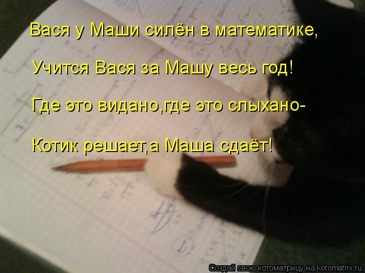 Вася у Маши силён в математике, Учится Вася за Машу весь год! Где это видано,где это слыхано- Котик р... Котоматрица: Вася у Маши силён в математике, Учится Вася за Машу весь год! Где это видано,где это слыхано- Котик решает,а Маша сдаёт!