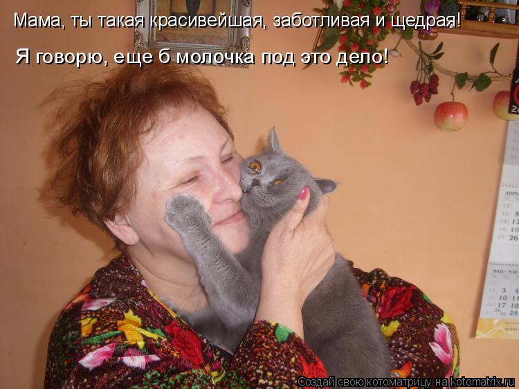 Мама, ты такая красивейшая, заботливая и щедрая! Я говорю, еще б молочка под это дело!... Котоматрица: Мама, ты такая красивейшая, заботливая и щедрая! Я говорю, еще б молочка под это дело!