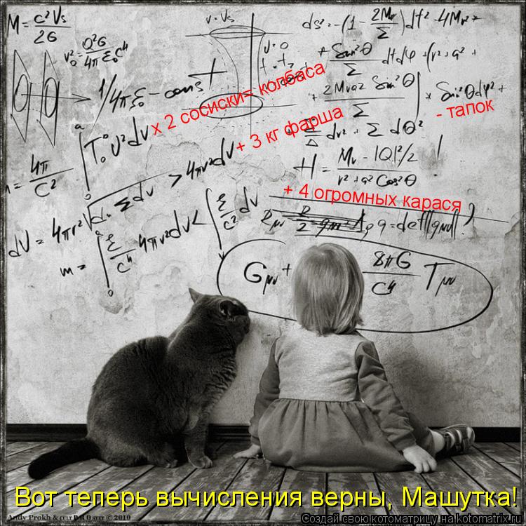 х 2 сосиски= колбаса + 3 кг фарша Вот теперь вычисления верны, Машутка! + 4 огромных карася - тапок... Котоматрица: х 2 сосиски= колбаса + 3 кг фарша Вот теперь вычисления верны, Машутка! + 4 огромных карася - тапок