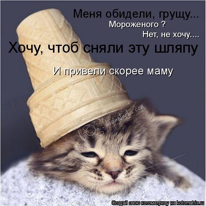Меня обидели, грущу... Мороженого ? Нет, не хочу.... Хочу, чтоб сняли эту шляпу И привели скорее маму... Котоматрица: Меня обидели, грущу... Мороженого ? Нет, не хочу.... Хочу, чтоб сняли эту шляпу И привели скорее маму