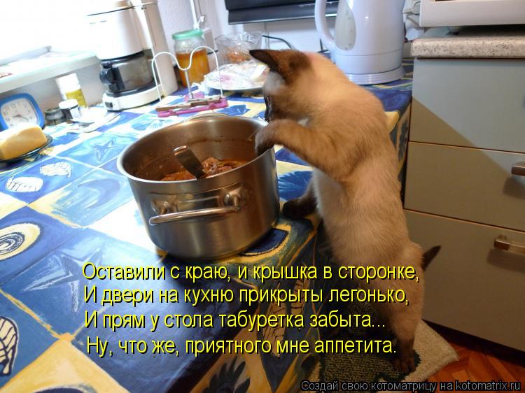 Оставили с краю, и крышка в сторонке, И двери на кухню прикрыты легонько, И прям у стола табуретка за... Котоматрица: Оставили с краю, и крышка в сторонке, И двери на кухню прикрыты легонько, И прям у стола табуретка забыта... Ну, что же, приятного мне аппетита.