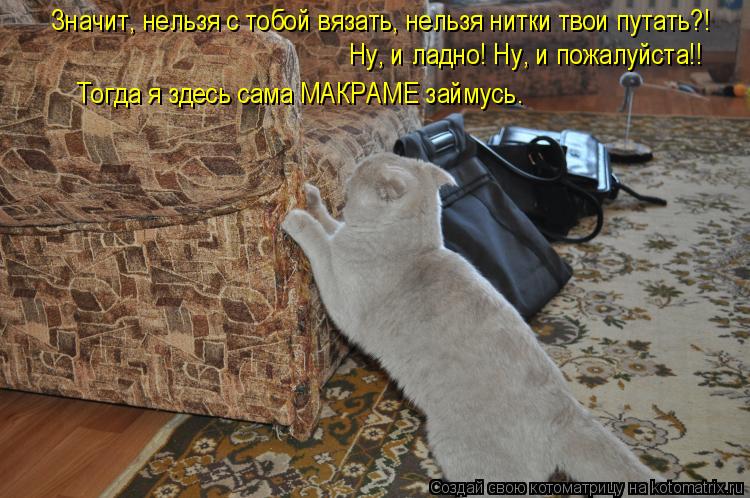 Значит, нельзя с тобой вязать, нельзя нитки твои путать?! Ну, и ладно! Ну, и пожалуйста!! Тогда я зде... Котоматрица: Значит, нельзя с тобой вязать, нельзя нитки твои путать?! Ну, и ладно! Ну, и пожалуйста!! Тогда я здесь сама МАКРАМЕ займусь.