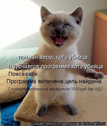 Включается программа котэ убийца Поиск сети... Программа включена,цель найдена Стоимость антивируса в... Котоматрица: Включается программа котэ убийца Поиск сети... Программа включена,цель найдена Стоимость антивируса валерьянка 1010 руб.без НДС пойман вирус