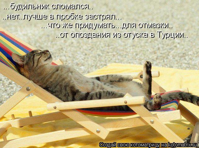 Котоматрица: ...будильник сломался.. [Удалить] ...будильник сломался..  ..нет..лучше в пробке застрял... ...что же придумать...для отмазки.. ..от опоздания из отус